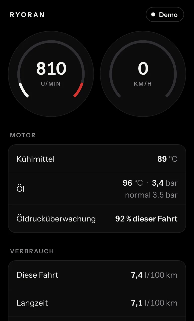 Die App: Drehzahl, Geschwindigkeit, Kühlmittel, Öl und Verbrauch.